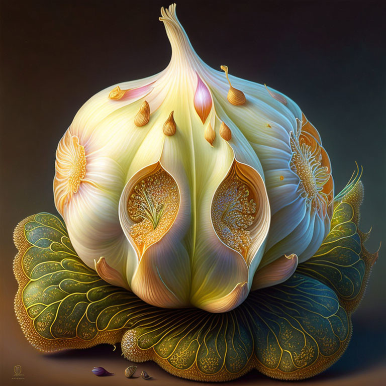 Surreal garlic bulb transformed into blooming flower on dark background