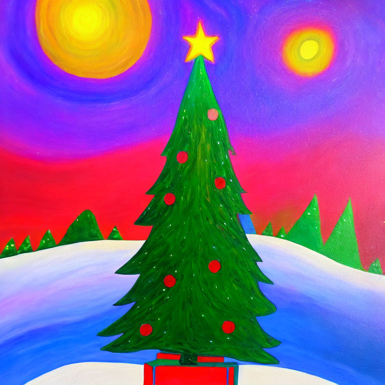 Colorful Christmas tree painting in snowy landscape.