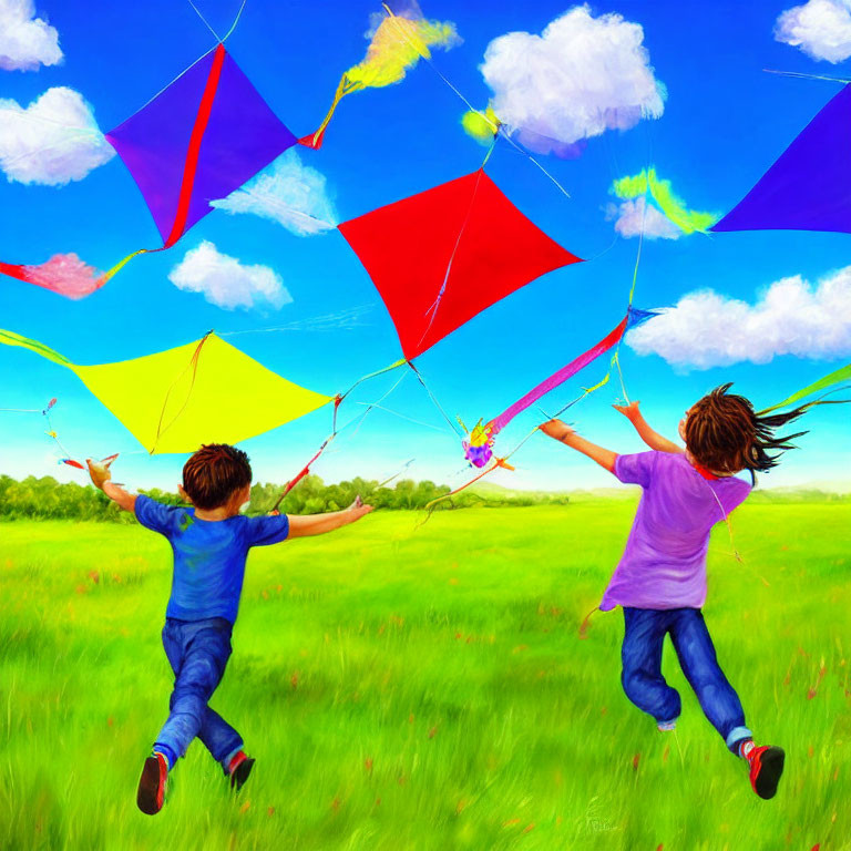 Children flying colorful kites in a green field under a blue sky