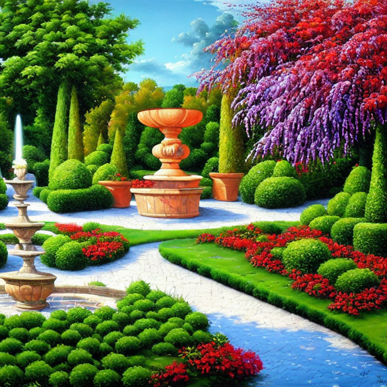 Manicured garden with colorful flowers, stone pathway, and classical fountains