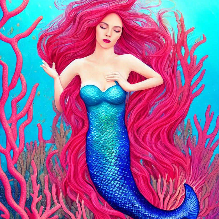 Vibrant Pink-Haired Mermaid Illustration on Coral Backdrop