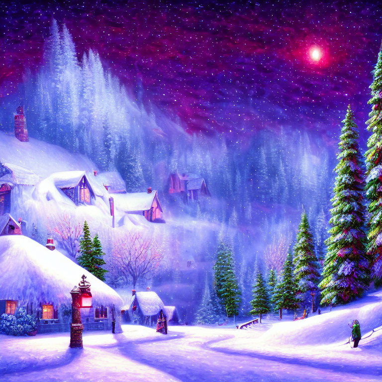 Snow-covered houses and trees in a nighttime winter scene with a person walking.