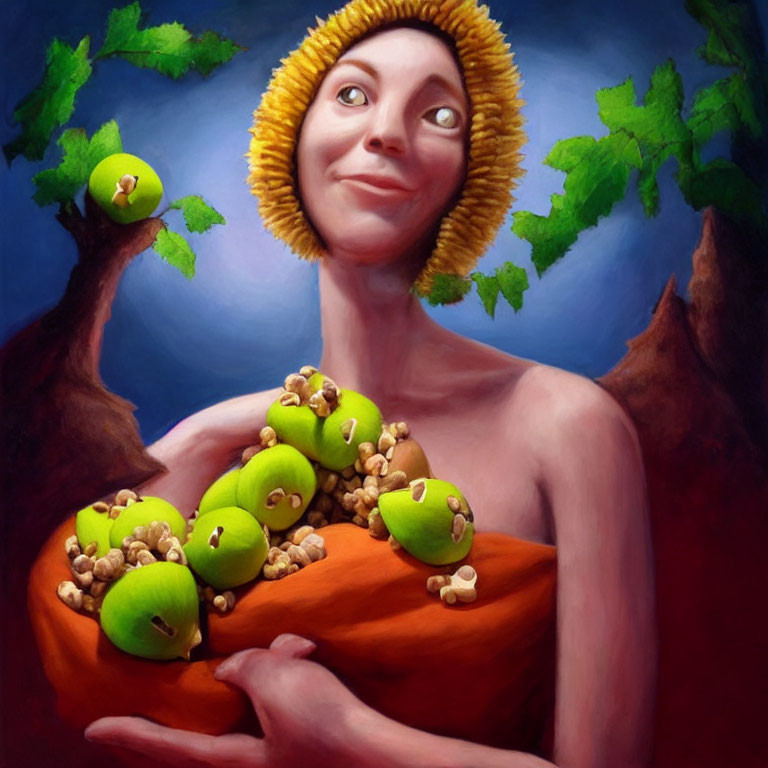 Colorful painting of person with exaggerated smile holding fruits and nuts