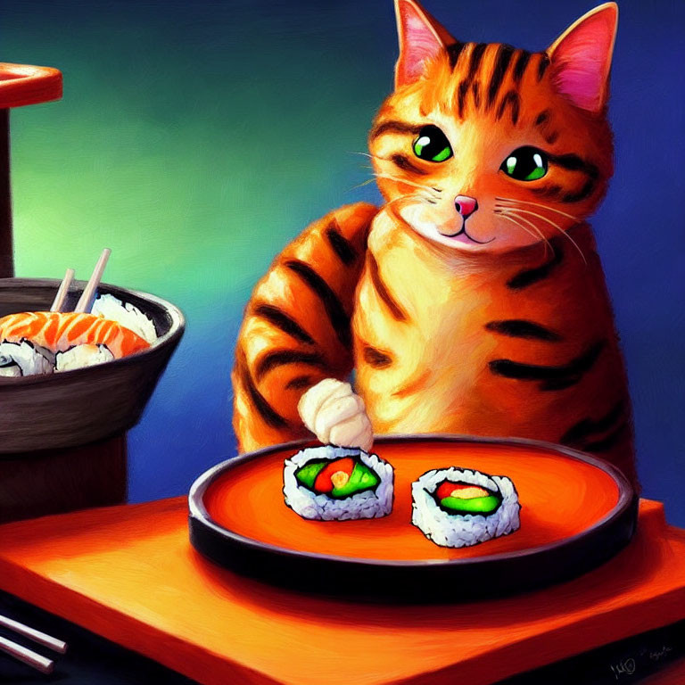 Orange Tabby Cat with Green Eyes Playfully Reaching for Sushi