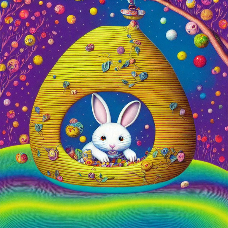 White rabbit in cosmic egg surrounded by flowers and fruits in colorful universe