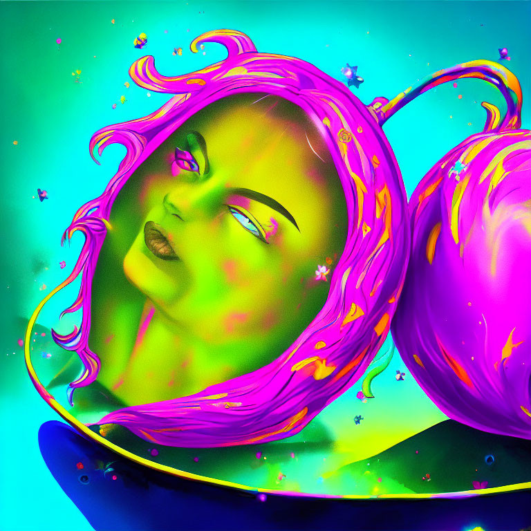 Colorful digital artwork of neon pink female figure with flowing hair and purple cherry on teal background.