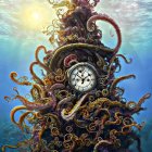 Surreal underwater scene with clock tower, gears, coral, and colorful fish