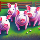 Four Cartoon Pigs in Vibrant Green Field with Red Apples