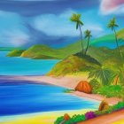 Tropical Beach Scene with Palm Trees, Sailing Boat, and Volcanoes