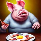Anthropomorphic Pig Eating Bacon and Eggs at Table