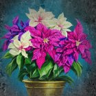 Colorful Glitter Poinsettias in Gold Pot on Blue Background