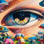 Vibrant surreal close-up featuring giant eye and whimsical creatures