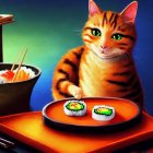 Orange Tabby Cat with Green Eyes Playfully Reaching for Sushi