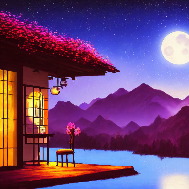 Traditional House Illustration with Flowering Roof, Starry Sky, Mountains, and Moonlit Lake