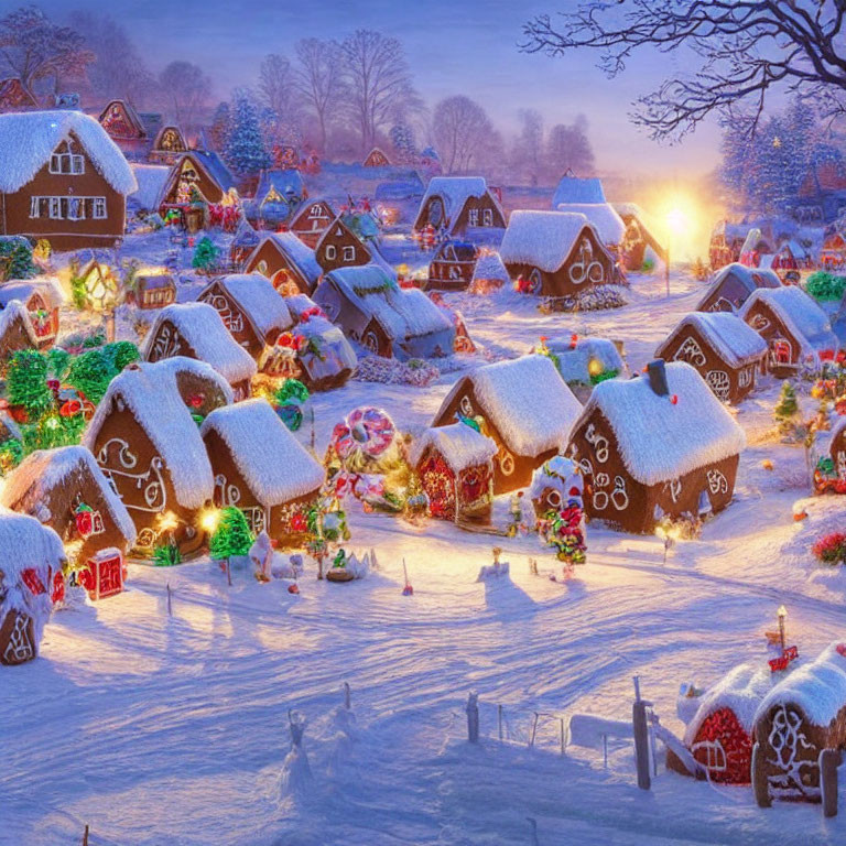 Snow-covered gingerbread houses in picturesque winter village