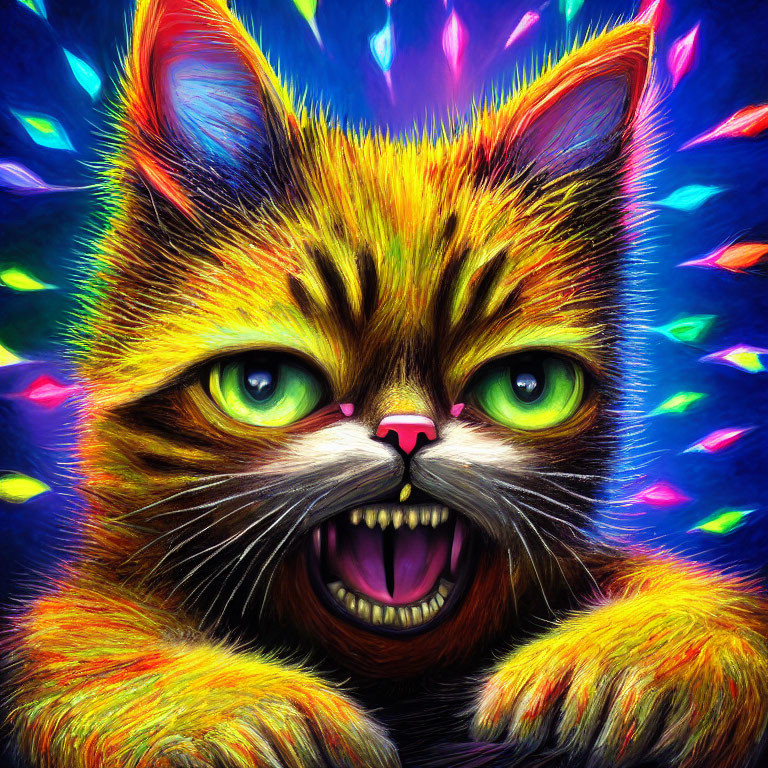 Colorful wide-eyed cat art with neon hues and psychedelic patterns