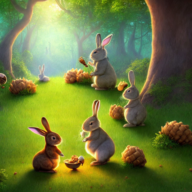 Tranquil forest scene with rabbits and pine cones in lush grass