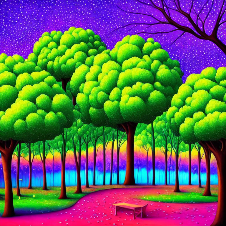 Surreal landscape with green trees, pink path, bench, starry sky & water.