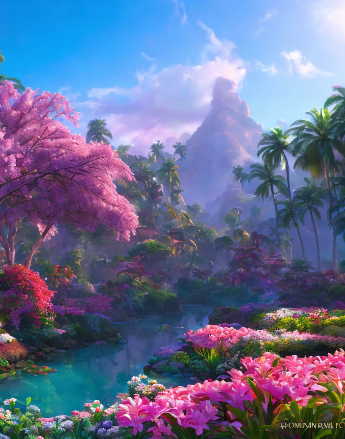 Tranquil landscape with pink blossoms, blue river, greenery, and mountain