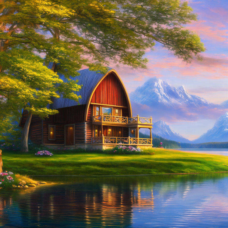 Tranquil lakeside scene with wooden house, mountains, and sunset