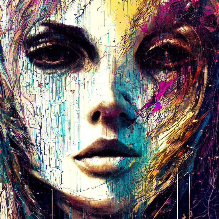 Colorful abstract painting of a woman's face with dripping paint effect