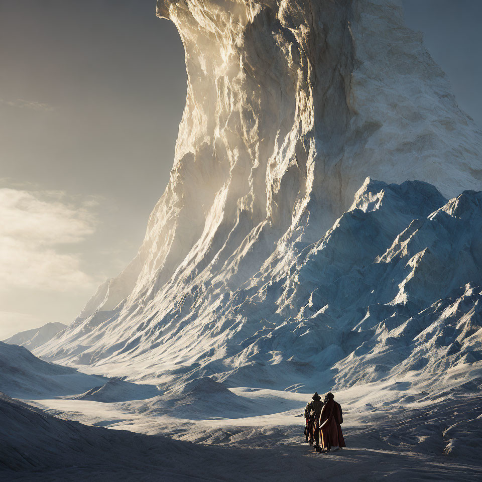 Three people in cloaks admire sunlit ice formation in snowy landscape