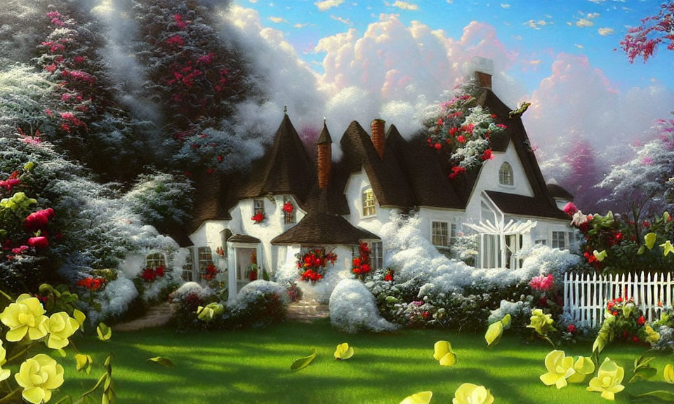 White-walled cottage surrounded by gardens and flowers under clear sky