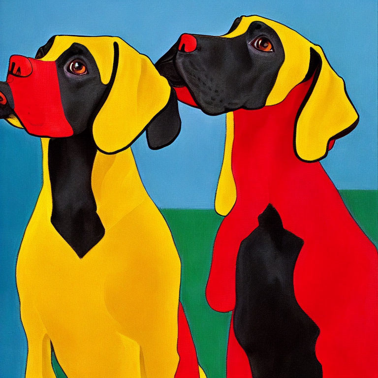 Vibrant Pop Art Painting of Two Dogs in Red, Yellow, and Blue Tones