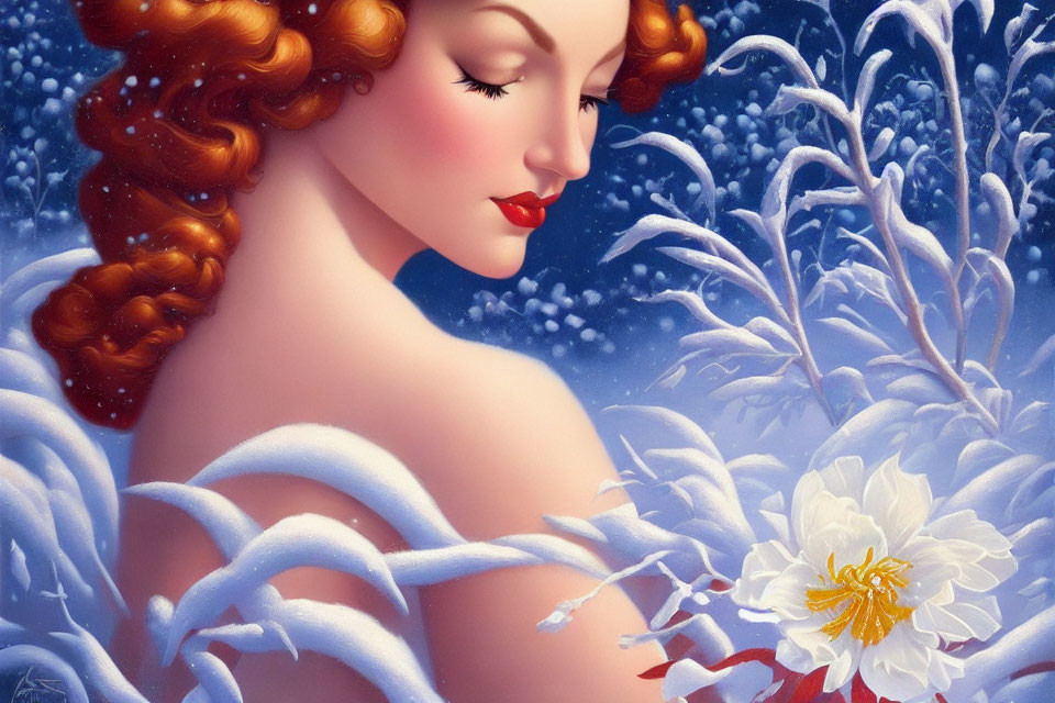 Illustrated portrait of woman with red hair in snowy floral backdrop