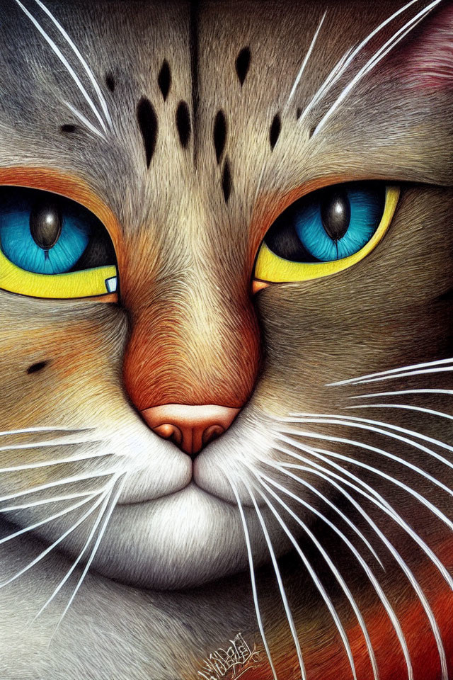 Detailed Cat Face Illustration with Blue Eyes and White Whiskers