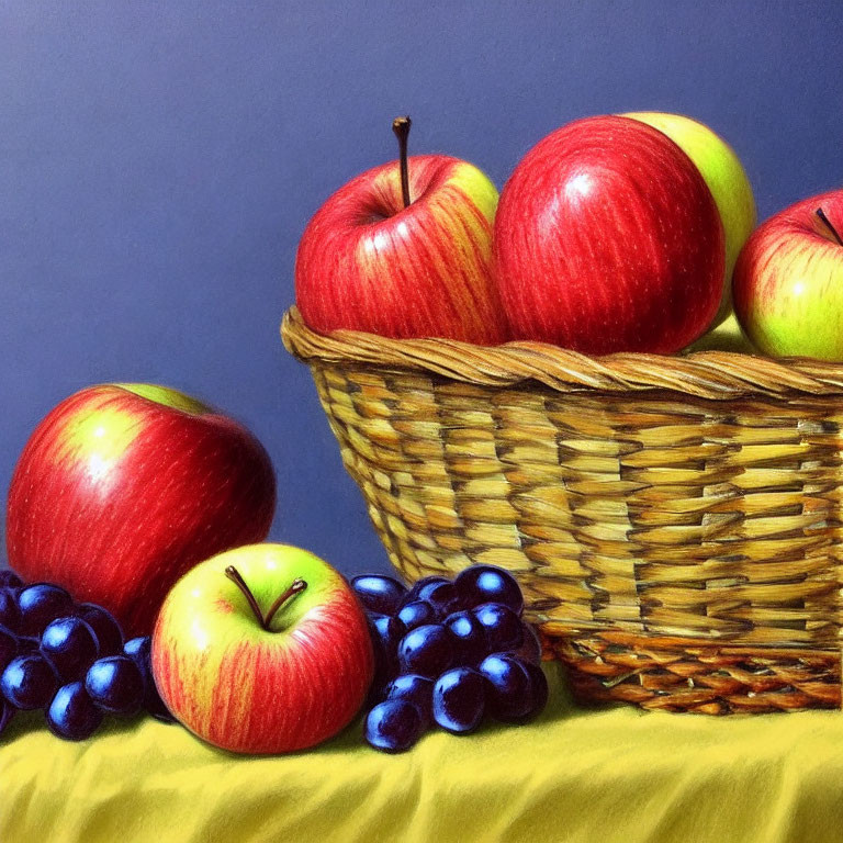 Still Life Painting with Red and Green Apples, Grapes, and Wicker Basket