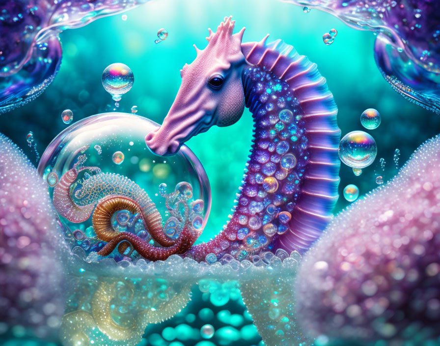Colorful Seahorse Illustration in Underwater Fantasy with Bubbles & Coral