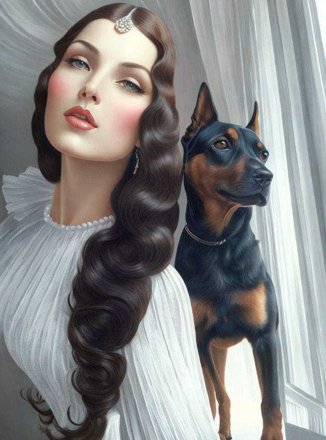Illustrated woman with wavy hair and regal expression next to black and tan dog with erect ears