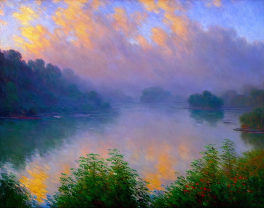 Tranquil river scene at dawn with bright sky reflections