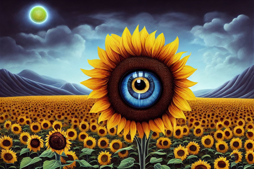 Surreal landscape with giant sunflower eye in sunflower field