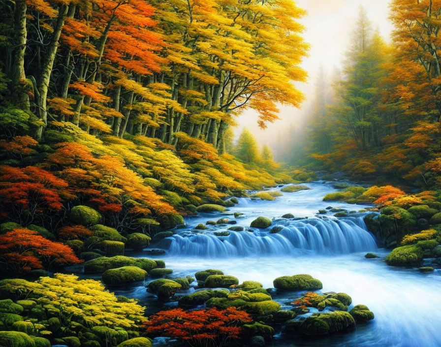 Tranquil Autumn Forest with Cascading Stream and Vibrant Trees