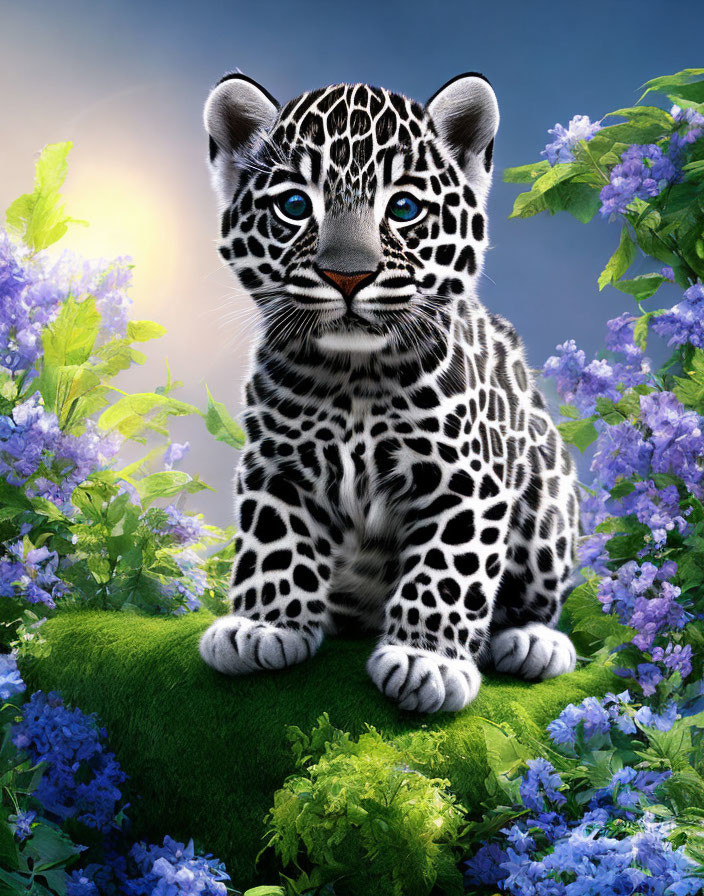 Young Jaguar Cub with Striking Blue Eyes Surrounded by Purple Flowers