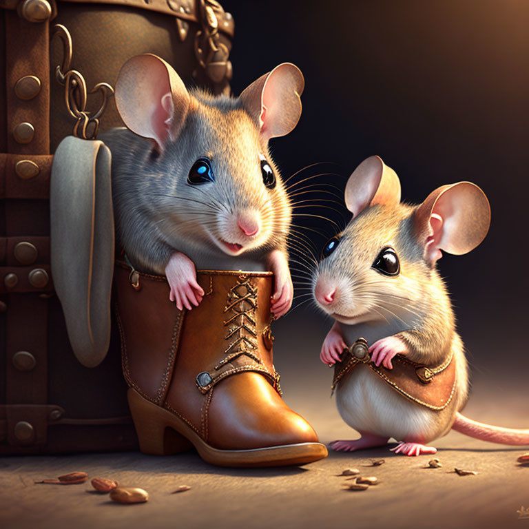 Animated mice with human-like features by a boot, bag, and sword in a seed-filled setting