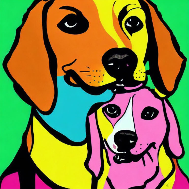 Colorful Pop Art Style Illustration of Two Dogs in Orange and Pink