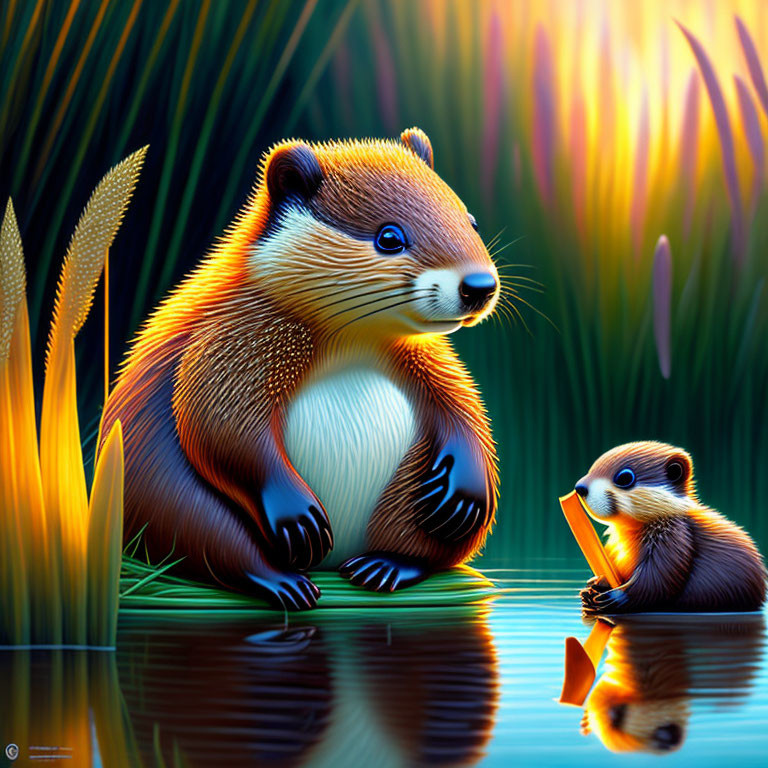 Colorful Sunset Scene with Large and Small Badgers in Tall Grasses