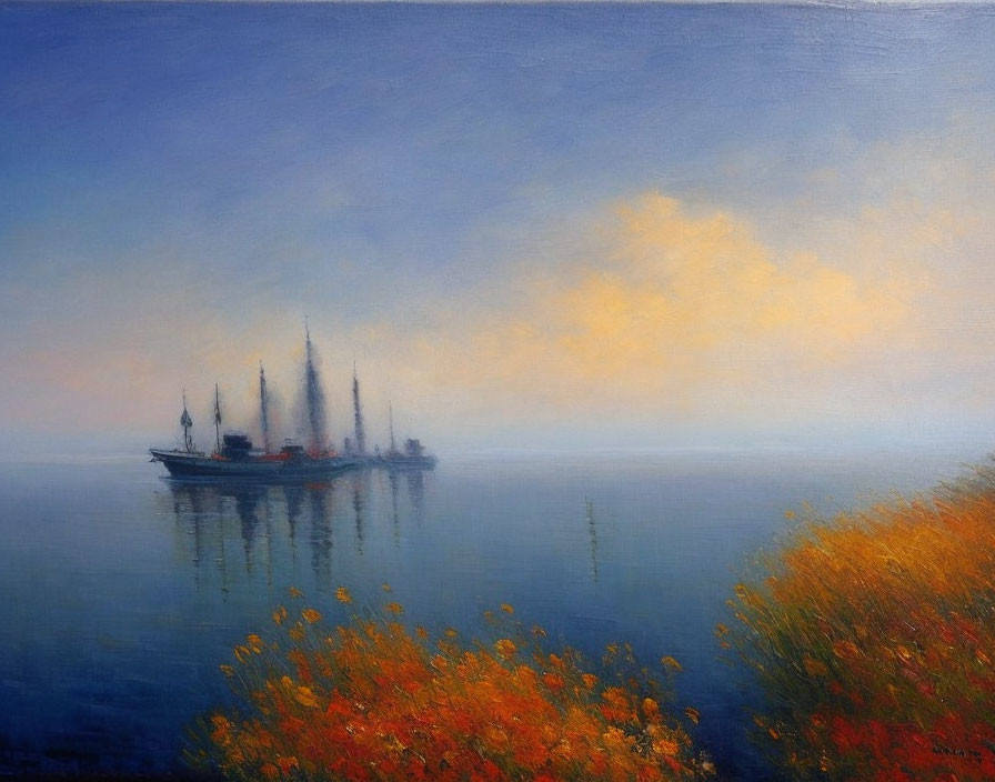 Sailing ship on calm sea with orange flowers at dawn or dusk