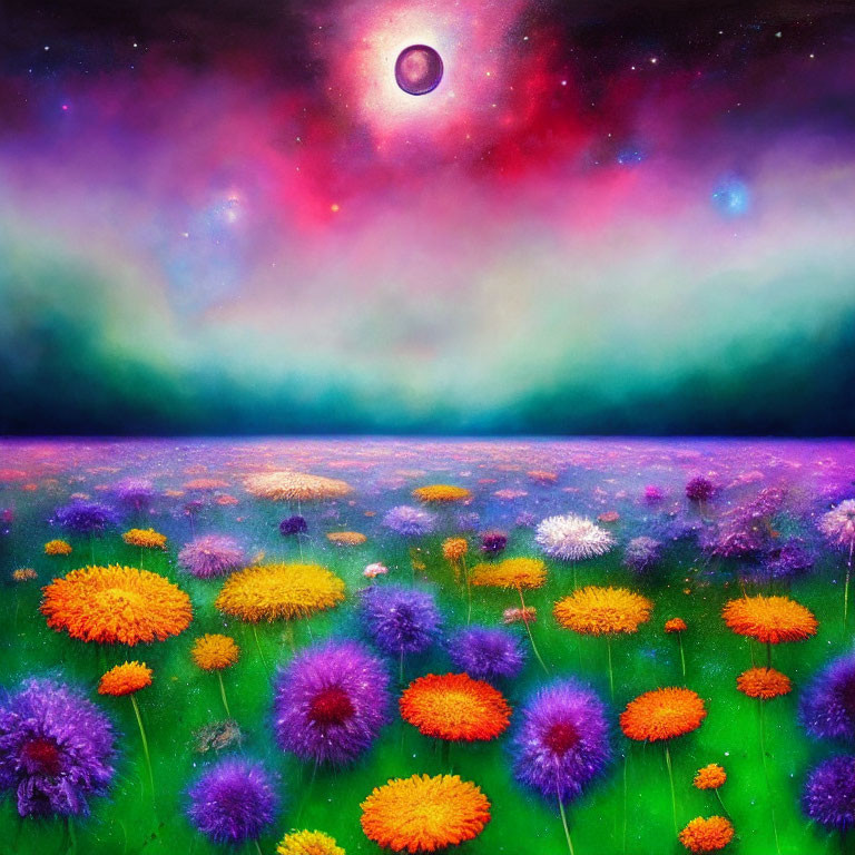 Colorful flowers in vibrant field under celestial sky with solar eclipse.