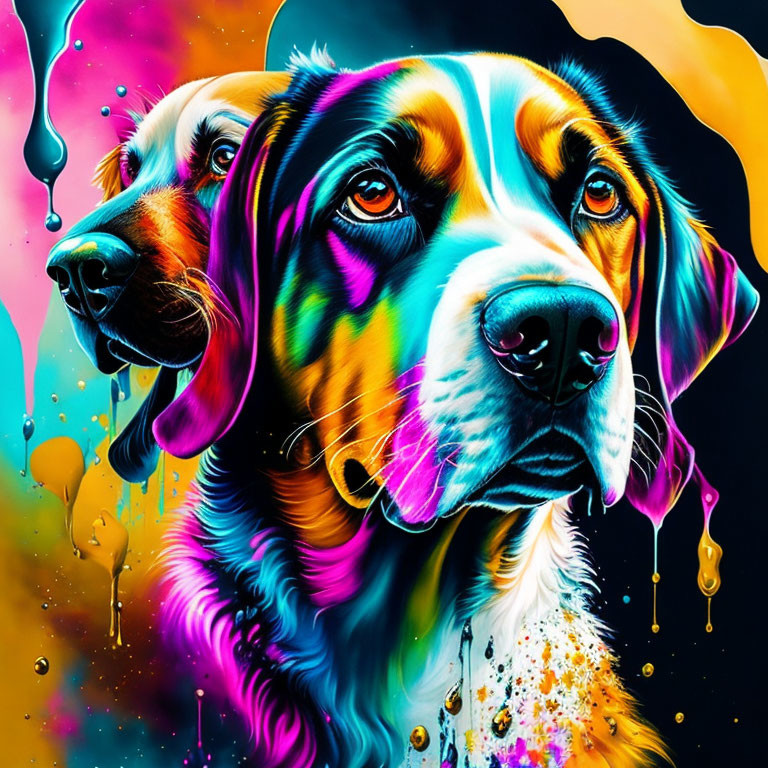 Colorful Digital Painting of Two Dogs on Neon Background