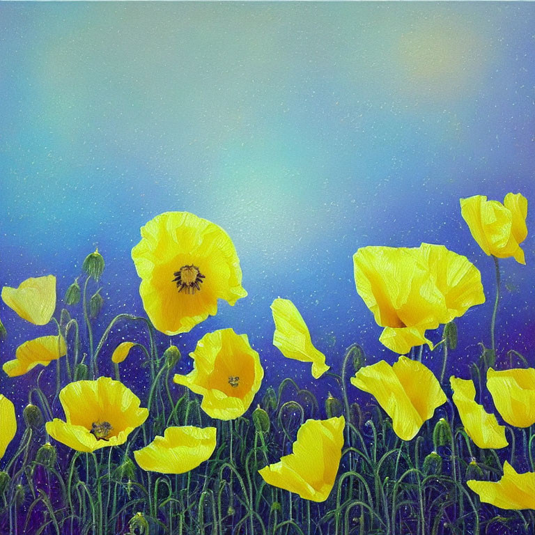 Vibrant painting of yellow poppies against textured blue sky