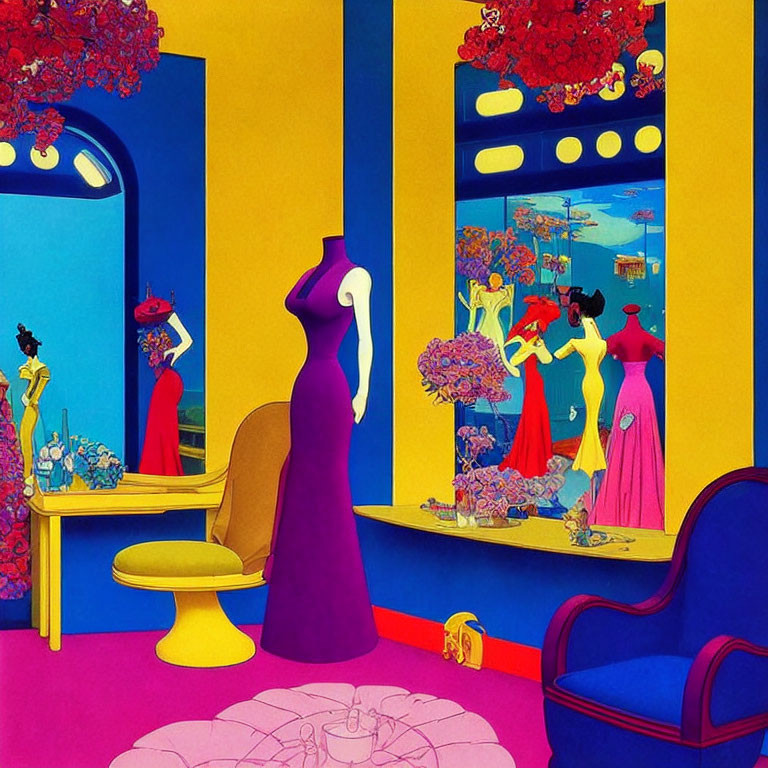 Vibrant Room Illustration with Mannequin, Woman, and Colorful Decor