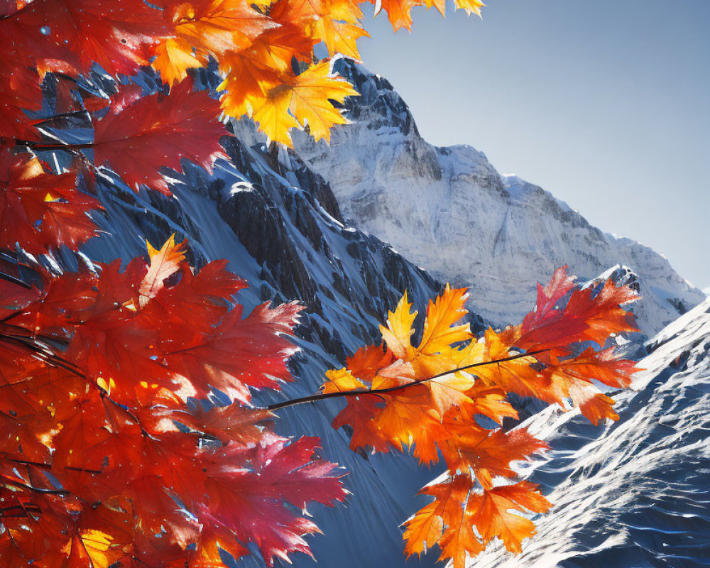 Autumn leaves and snow-covered mountain landscape.