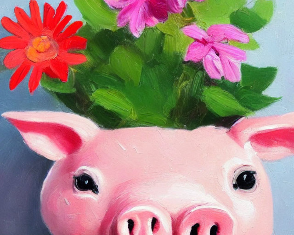 Whimsical painting of pink pig with flowers on blue background