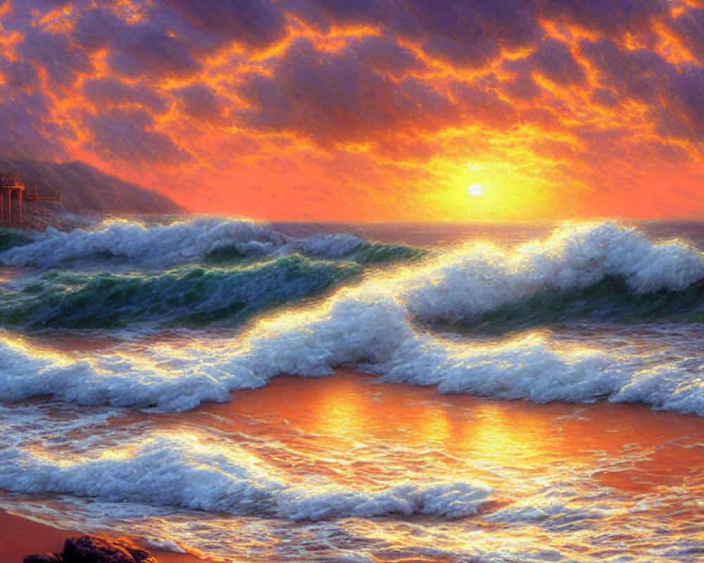 Vibrant orange sea sunset with rolling waves and cloudy warm sky