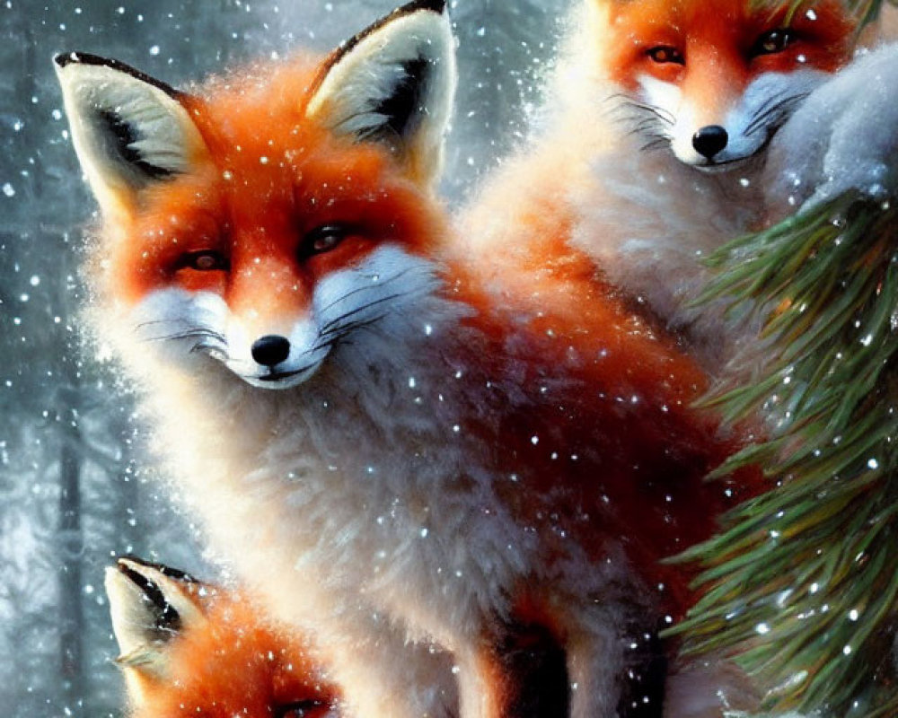 Three red foxes in snowy woodland with varying expressions