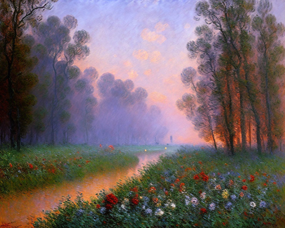 Colorful Wildflower Path in Misty Sunset Landscape